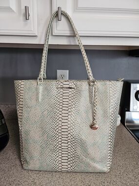 Brahmin Cream and Mint Snake-Embossed Tote